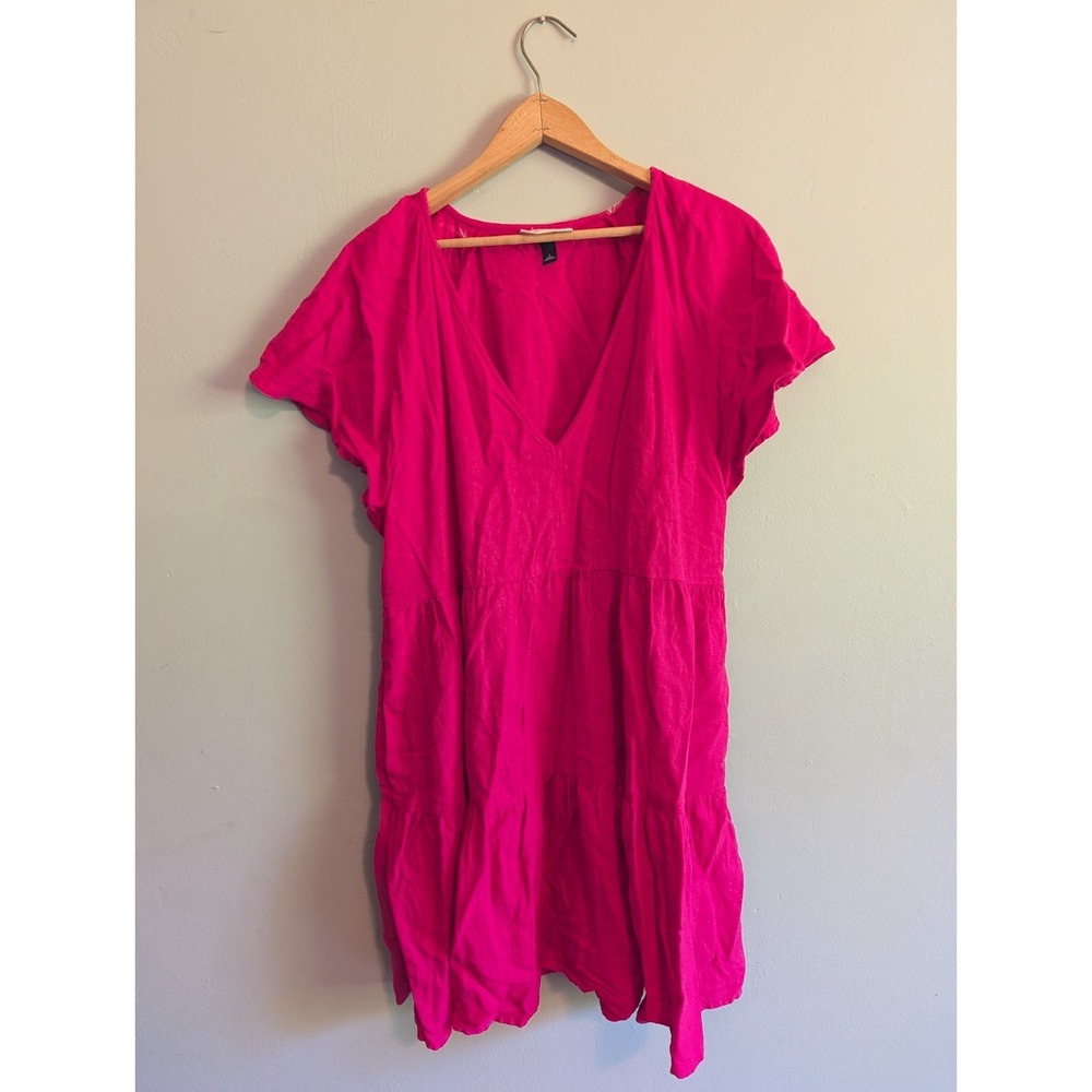 Hot Pink Linen Mini Dress Tiered Flutter Sleeve Pockets Summer Bright Colorful